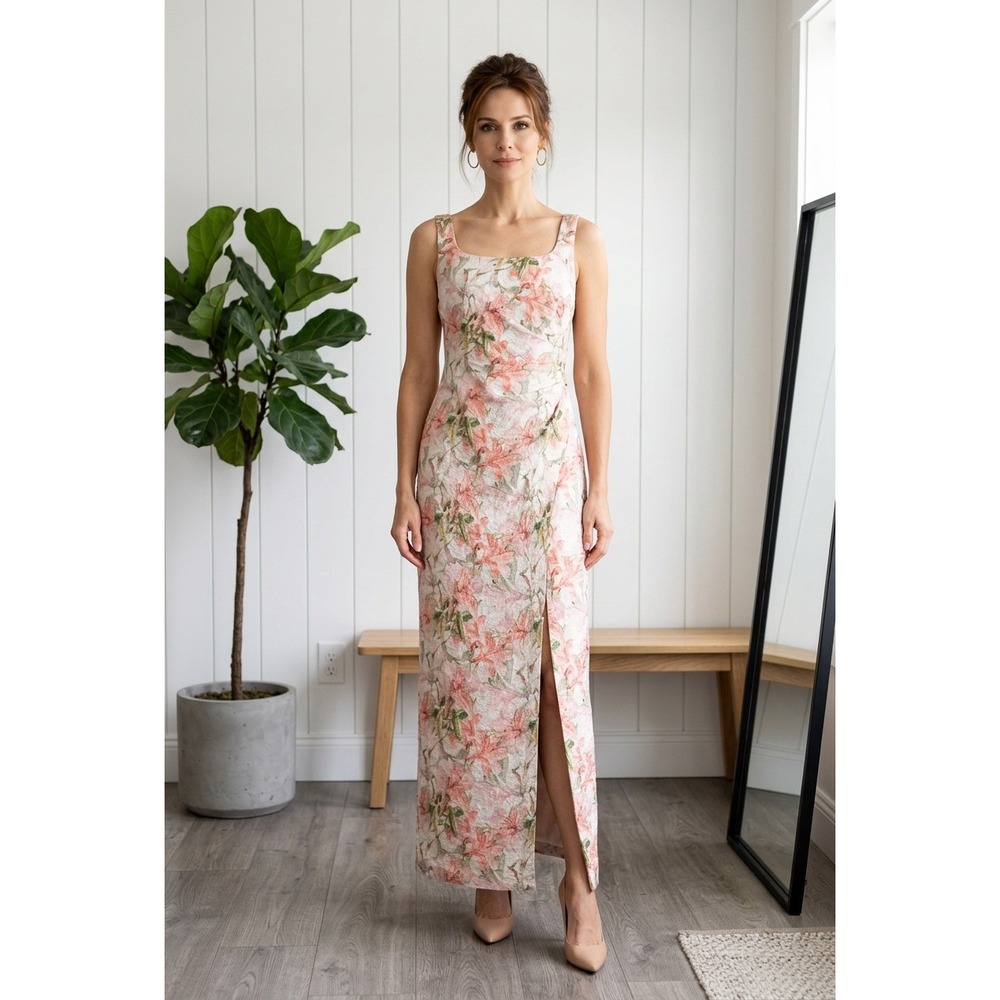 Adrianna Papell Coral Multi Metallic Matelasse Floral Gown AP1E212120 Size 12